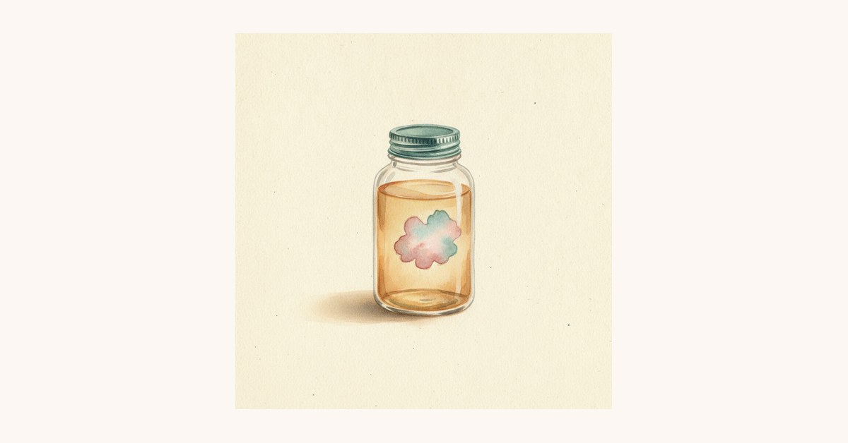 Editorial watercolor of a small apothecary jar with an abstract specimen suspended in amber liquid — the moment the excised tumour is held up to prove the operation was a success