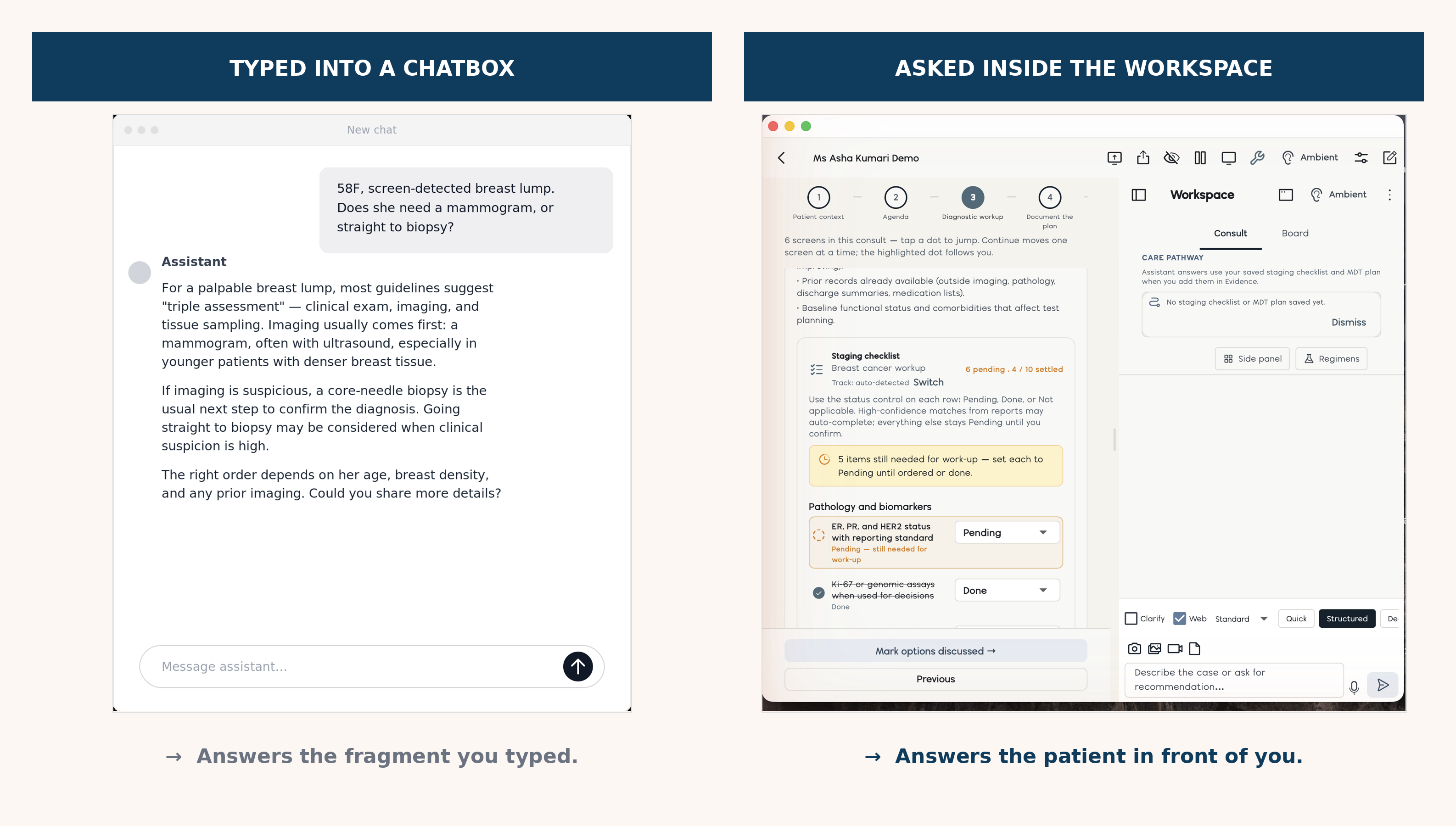A chatbox answers the question you typed. A workspace answers the patient in front of you.