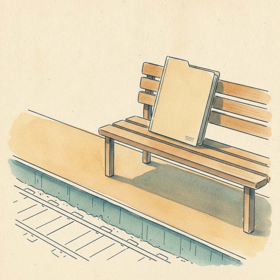 A single closed folder resting alone on a wooden bench beside an empty railway platform, the tracks receding into the distance