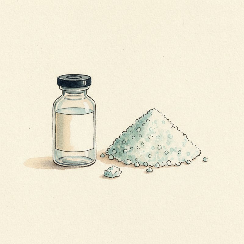 A small medicine vial beside a watercolor mountain of salt — editorial illustration