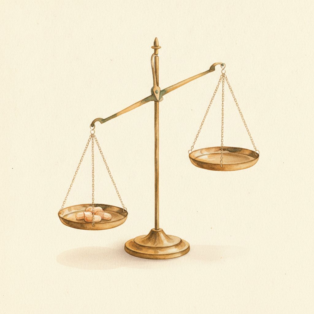 Editorial watercolor of a brass apothecary balance scale, tilted sharply — one pan heavy with a small stack of pill capsules, the other pan empty. The spending paradox as one image.