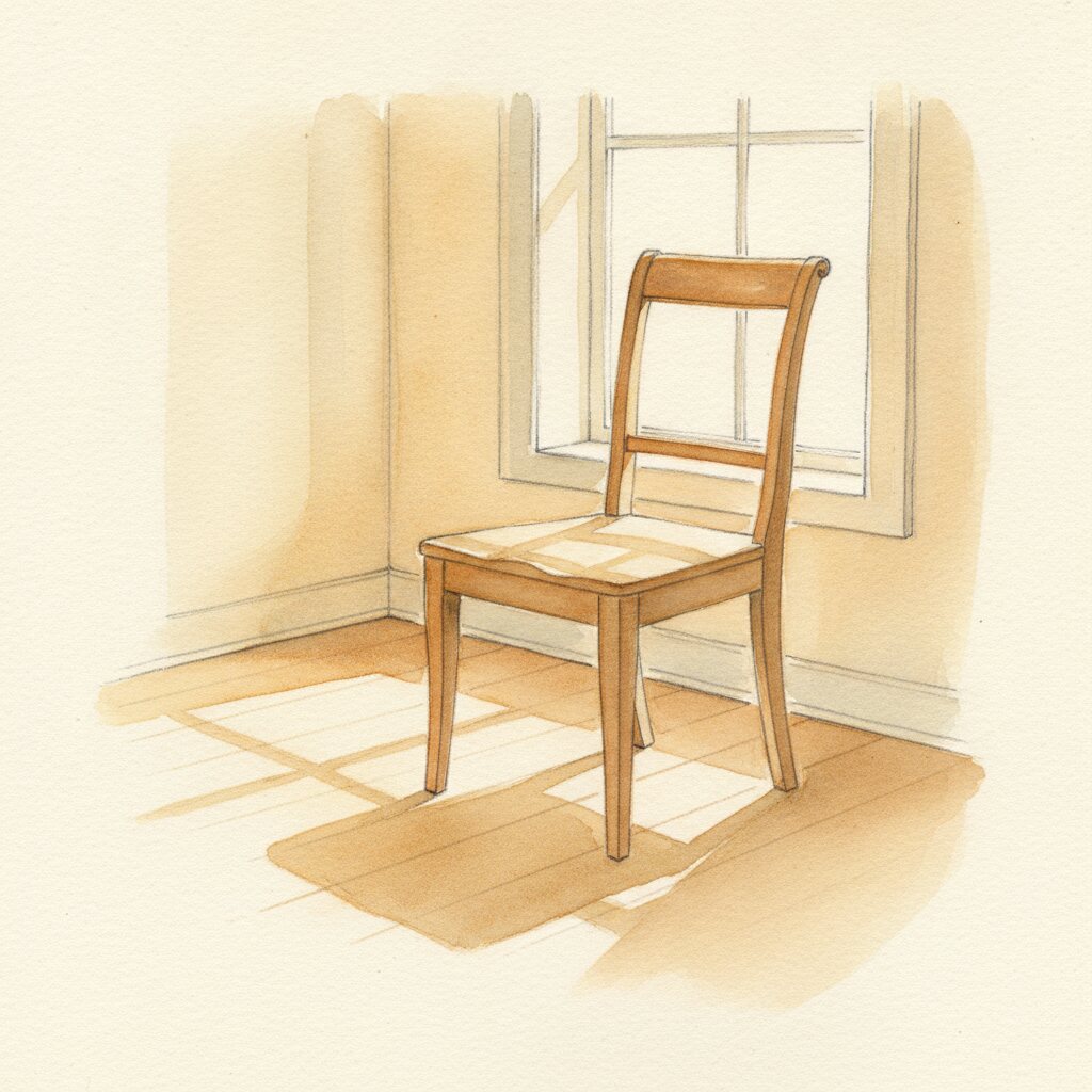 Editorial watercolor of a single wooden chair beside a bright window, empty, warm afternoon light spilling across the floor. The seat we did not pull up to the table.