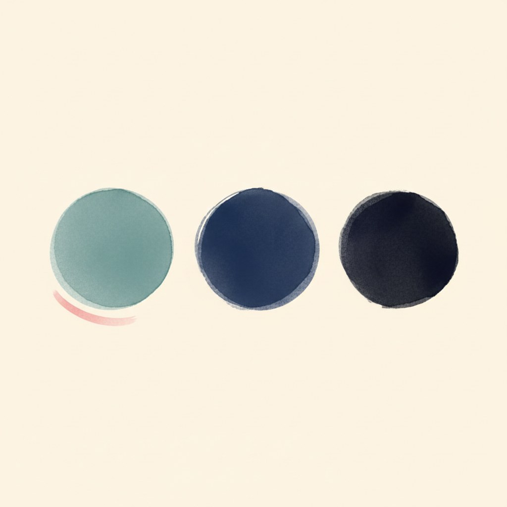 Editorial illustration: three soft overlapping circles representing the three breast cancer subtypes, in cream, teal, navy, and ink with a delicate pink watercolor accent.