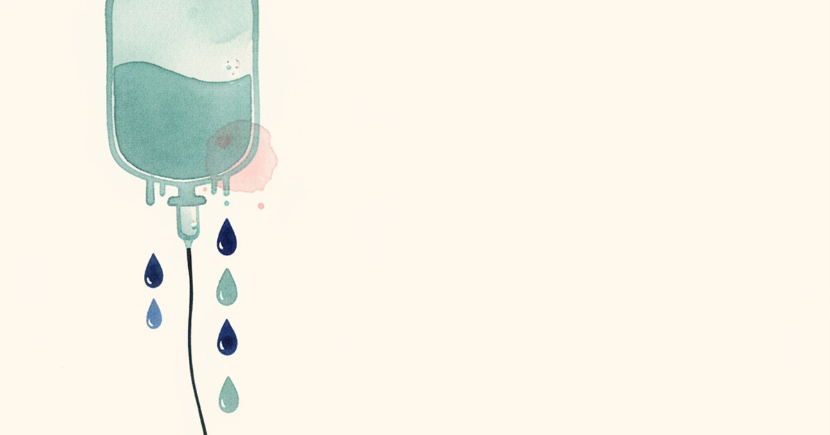 Editorial illustration of an IV bag with six numbered cycle markers fading along a timeline.