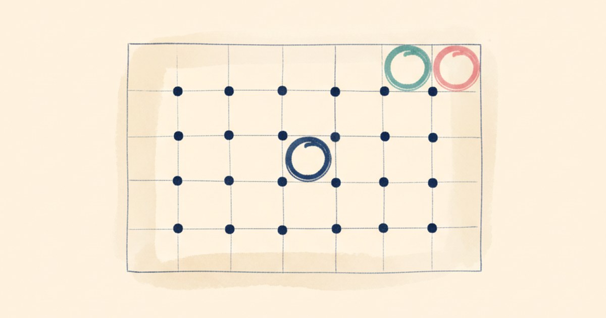 Editorial calendar with three circled dates highlighted in red, teal, and navy.