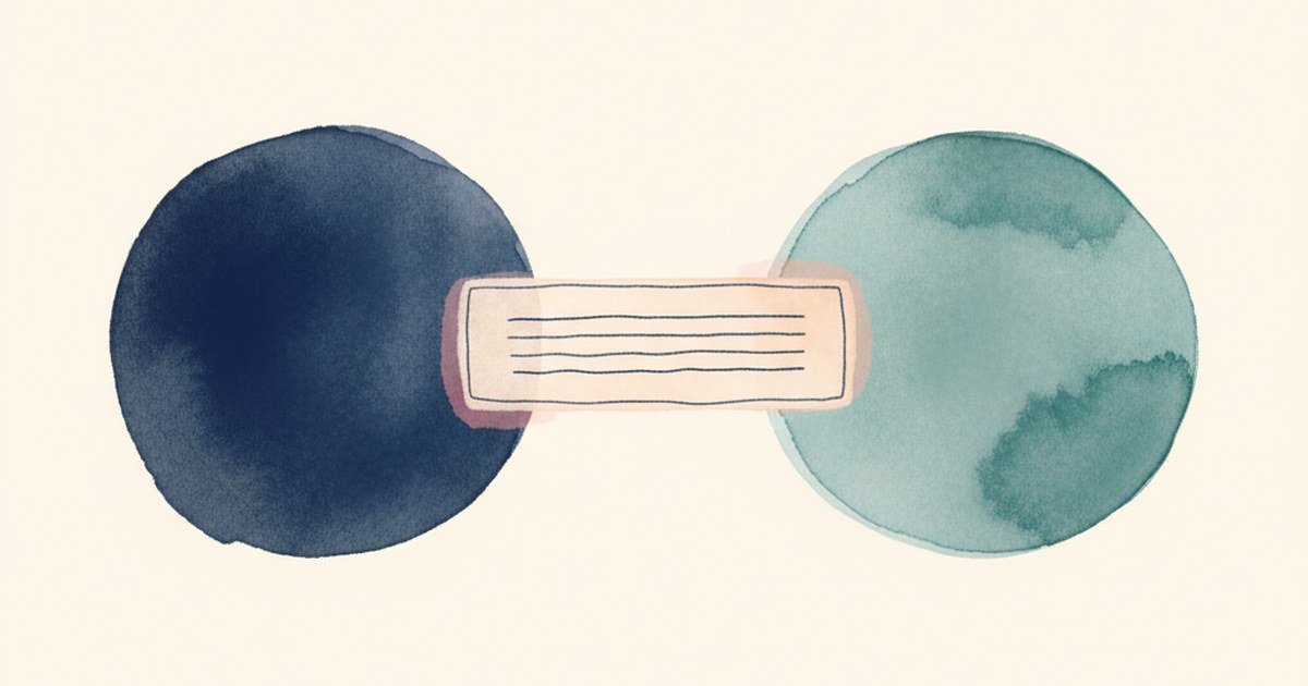 Editorial illustration of two soft watercolor circles labeled A and B with a shared dossier between them — the two-oncologist rule visual.