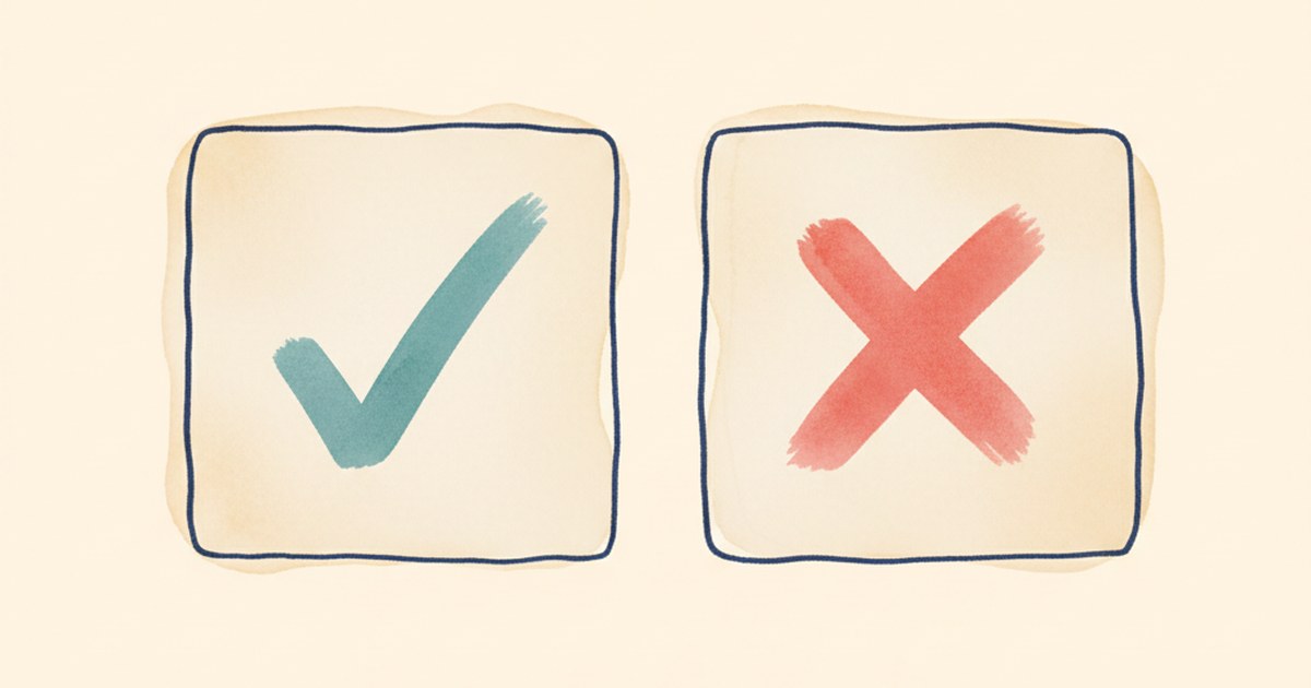 Two flashcards side by side — one with a teal check, one with a red cross.